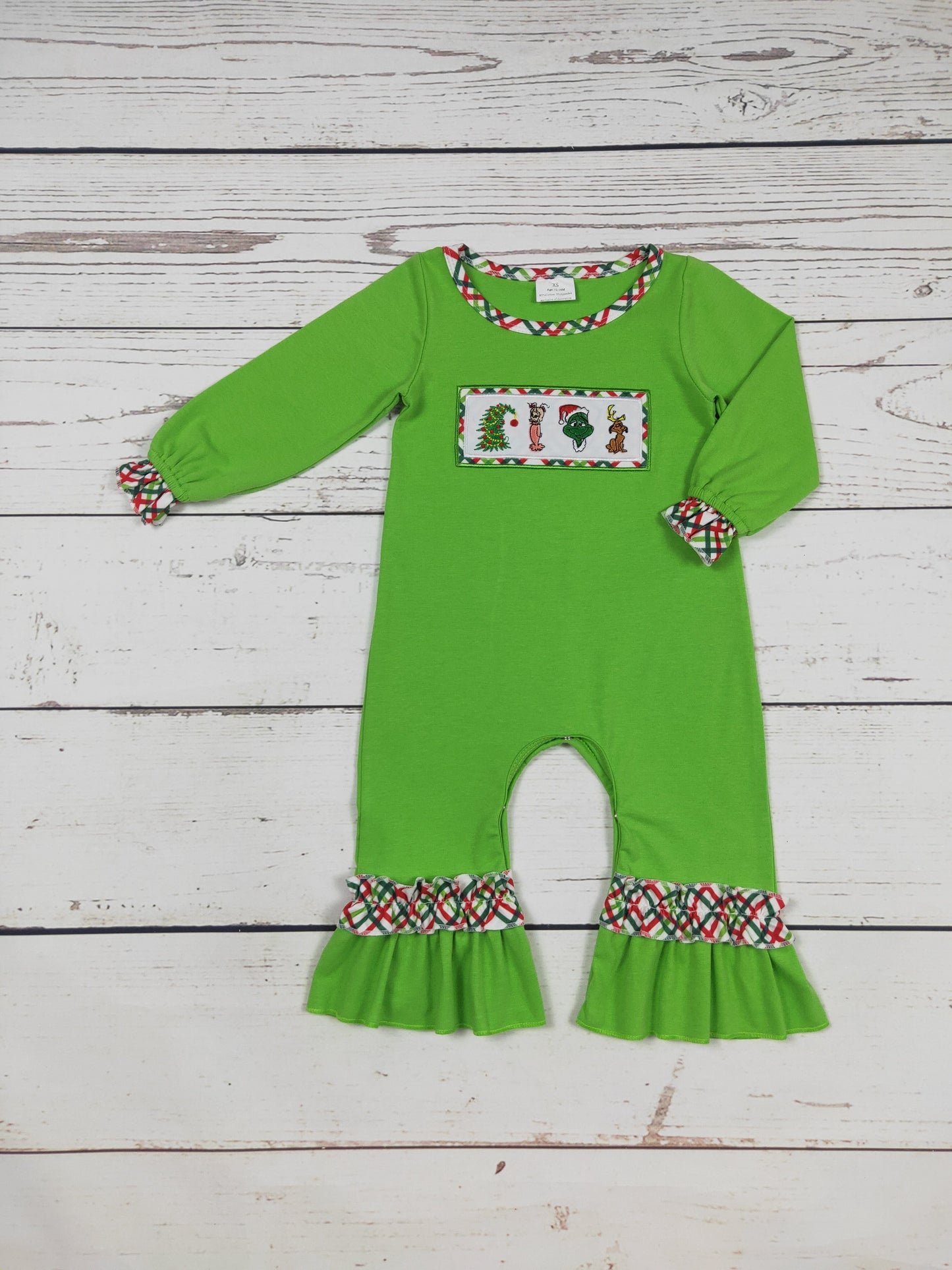 Baby Character Appliqué Green Christmas Romper