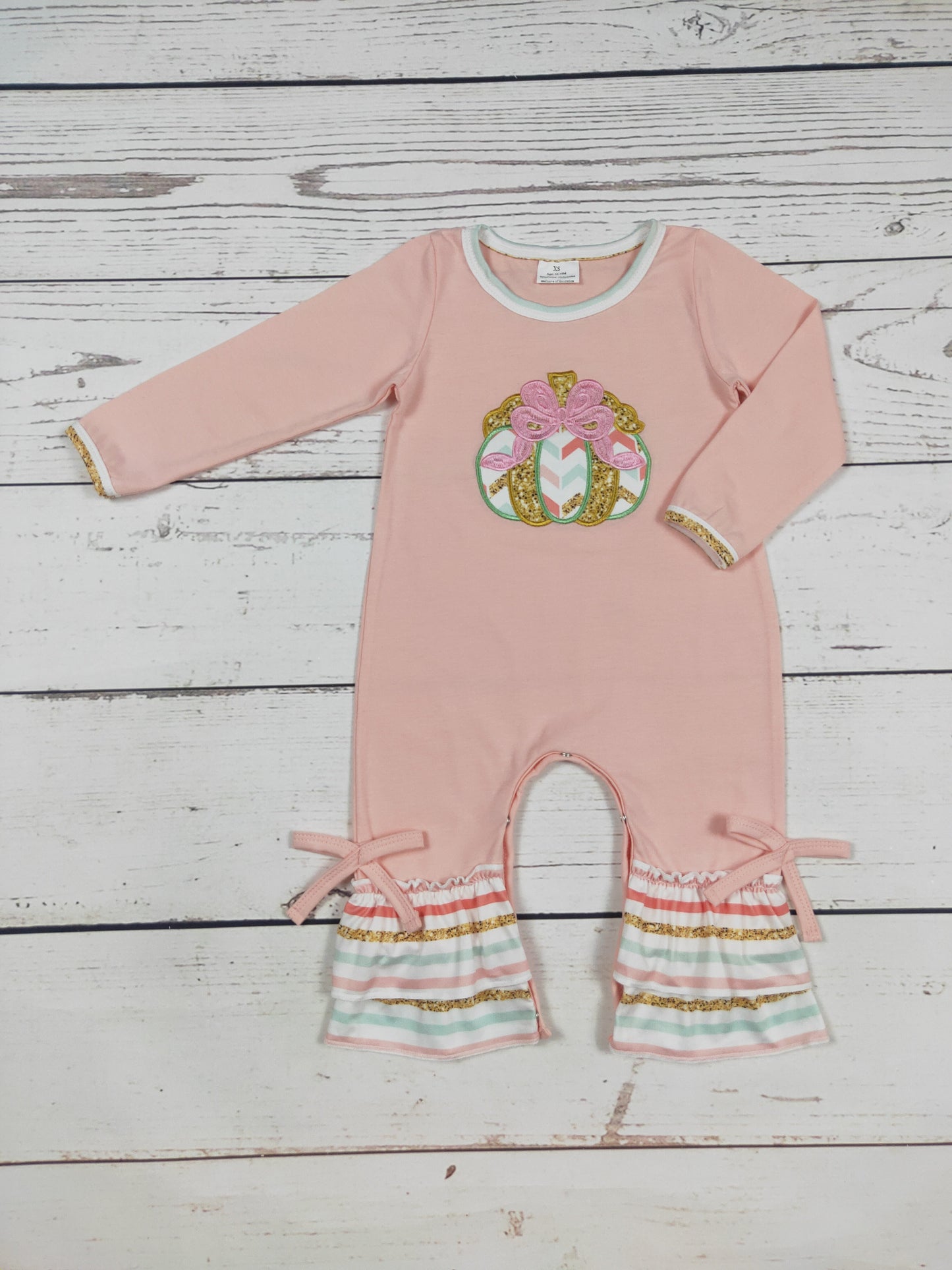 Baby Girls Pumpkin Appliqué Romper With Ruffle