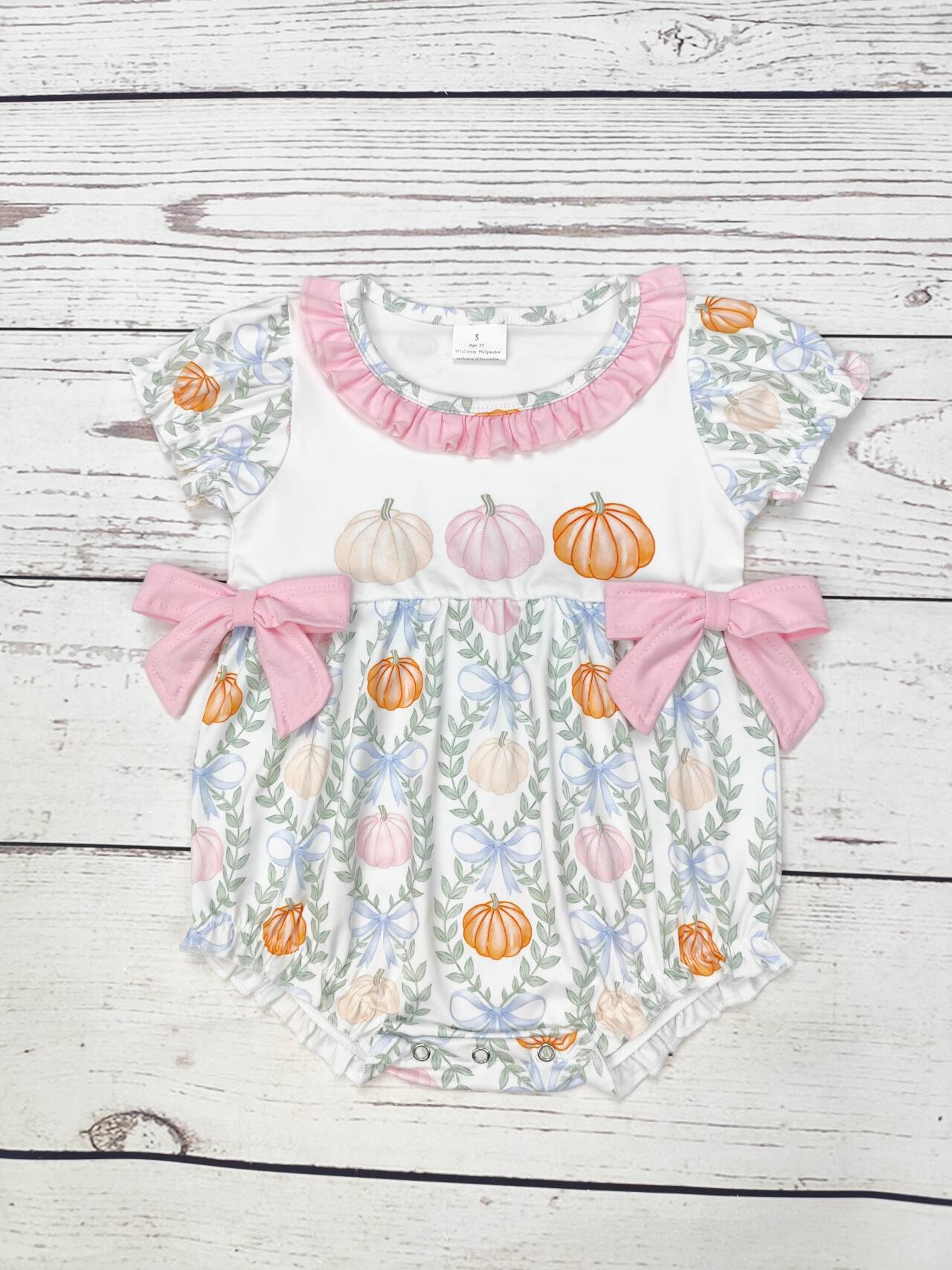 Baby Pumpkin Print Bubble With Pink Bow