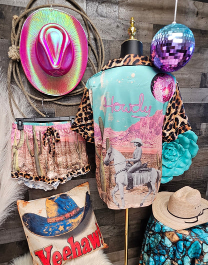 Baha Ranch Retro Pop Western Leopard Desert Cowgirl Satin Pajamas