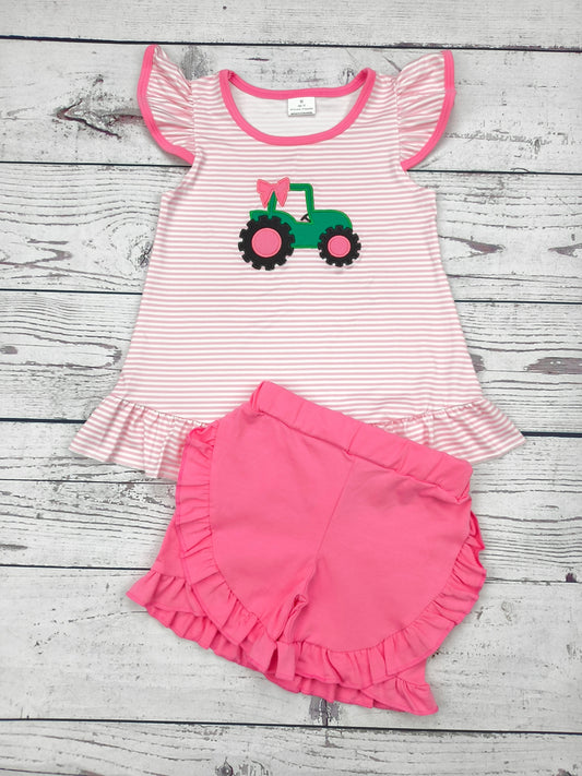 Tractor Appliqué Girls Farm Shorts Set