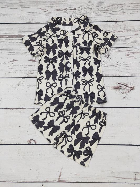 Black Bow Printed Girls Pajamas Set