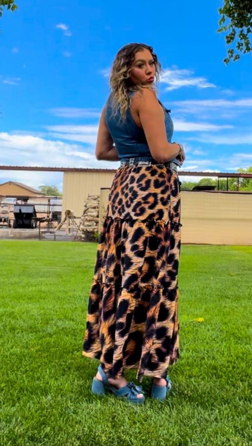 Baha Ranch Retro Pop Western Leopard Print Maxi Prairie Skirt