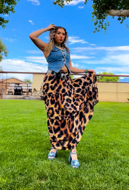 Baha Ranch Retro Pop Western Leopard Print Maxi Prairie Skirt