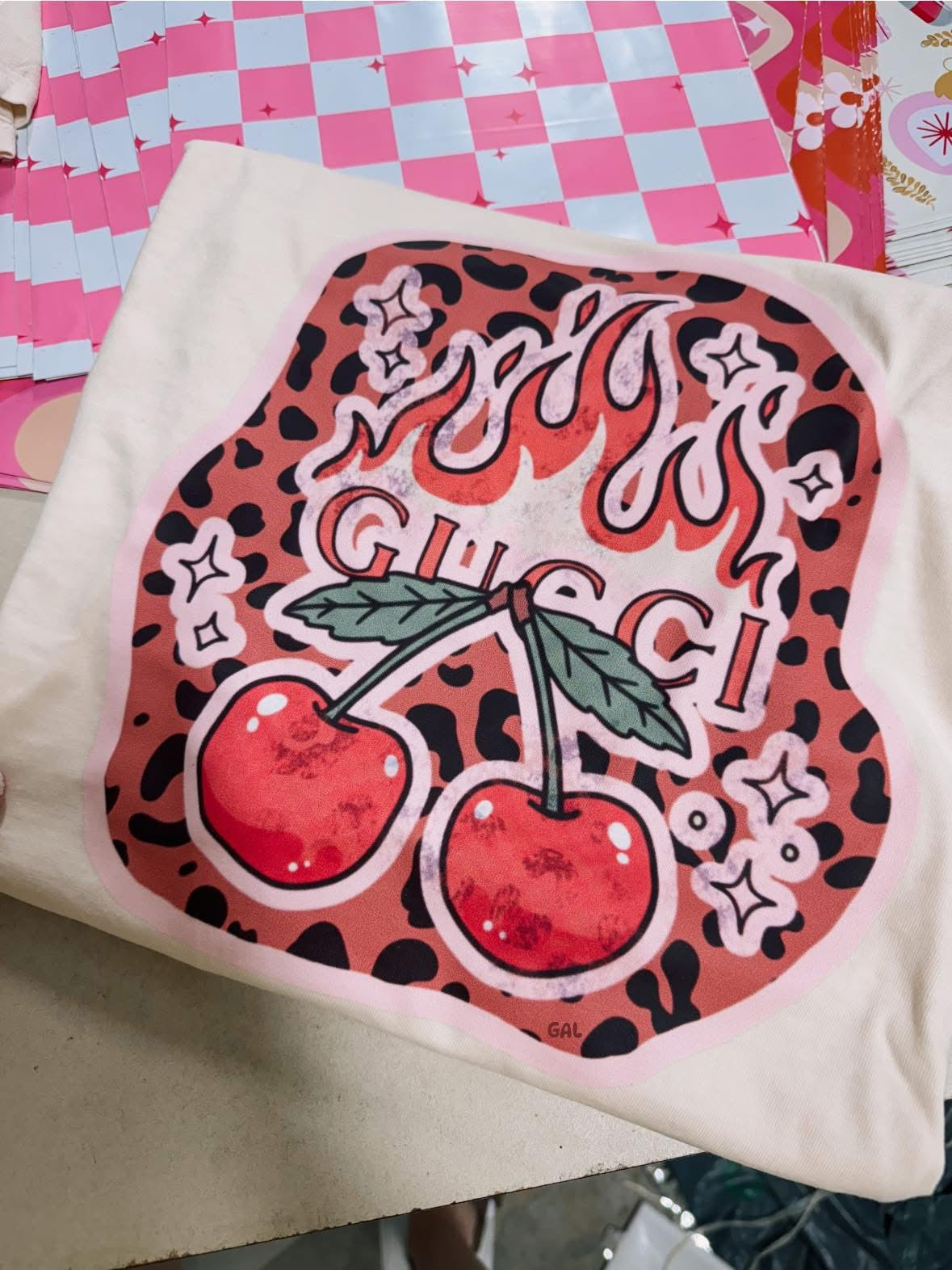 Guc flame & leopard cherries tee or sweatshirt