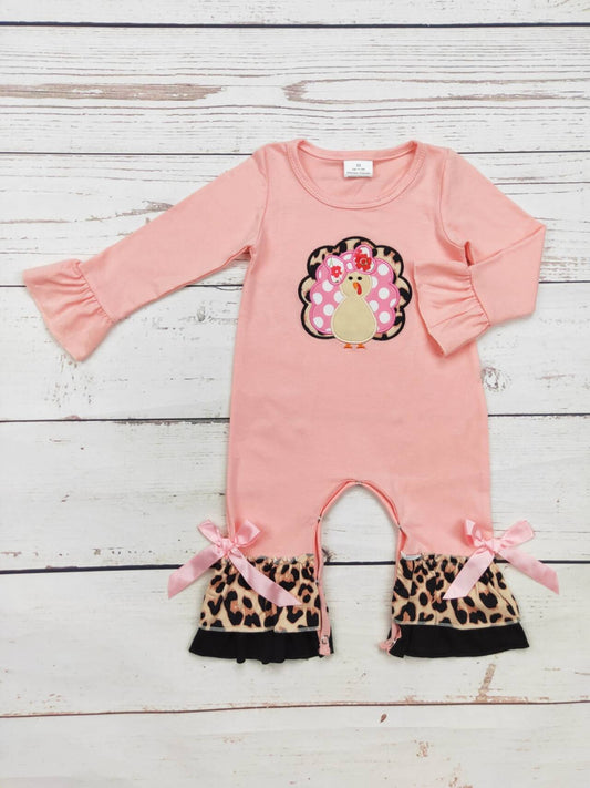 Baby Pink Turkey Appliqué Thanksgiving Romper