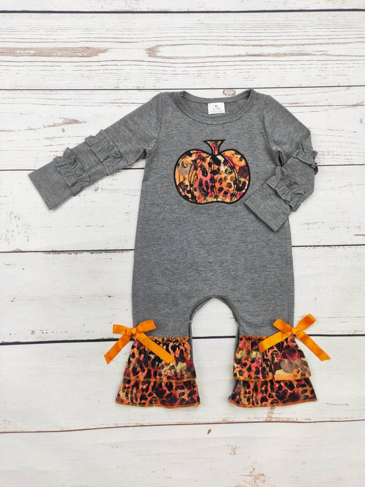 Grey Cheetah Pumpkin Appliqué Romper
