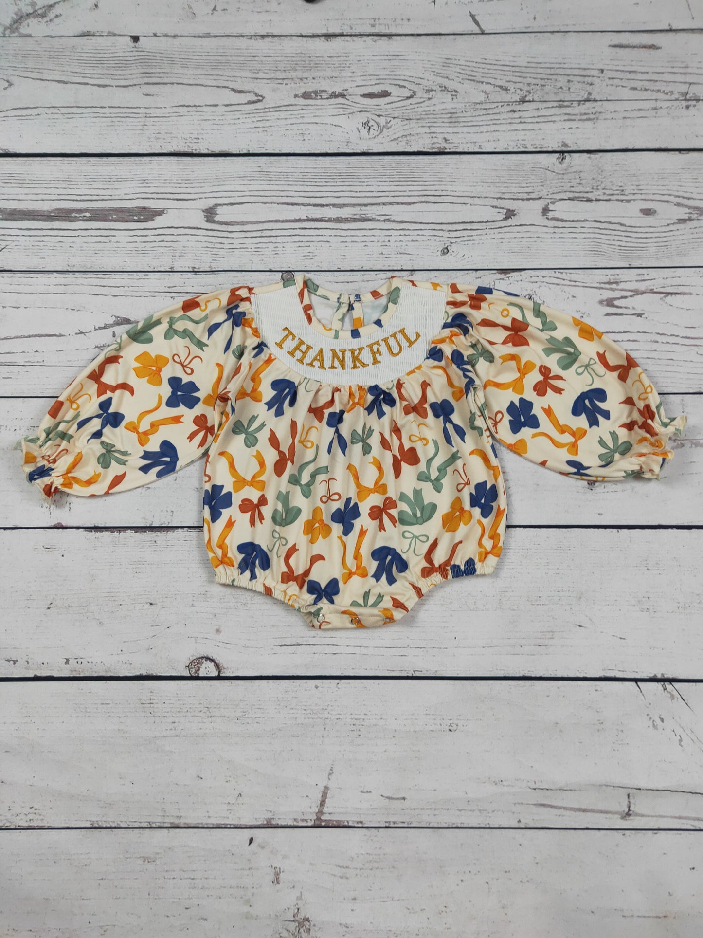 Thankful Smocked Bow Printed Baby Bubble