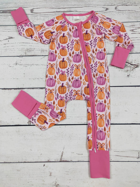 Baby Girl Pumpkin Bow Printed Zipper Sleeper