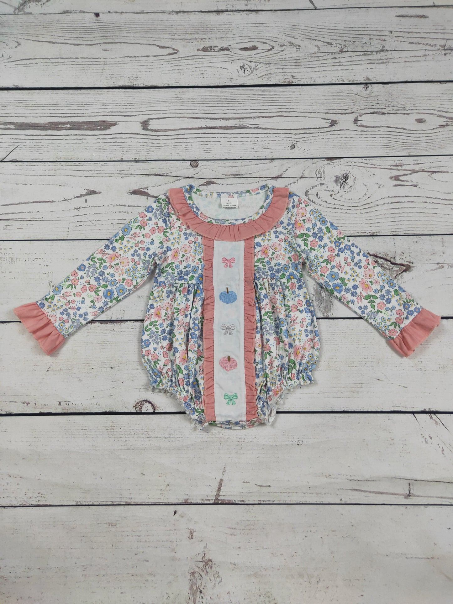 Baby Girl Pumpkin Bow Appliqué Floral Printed Bubble