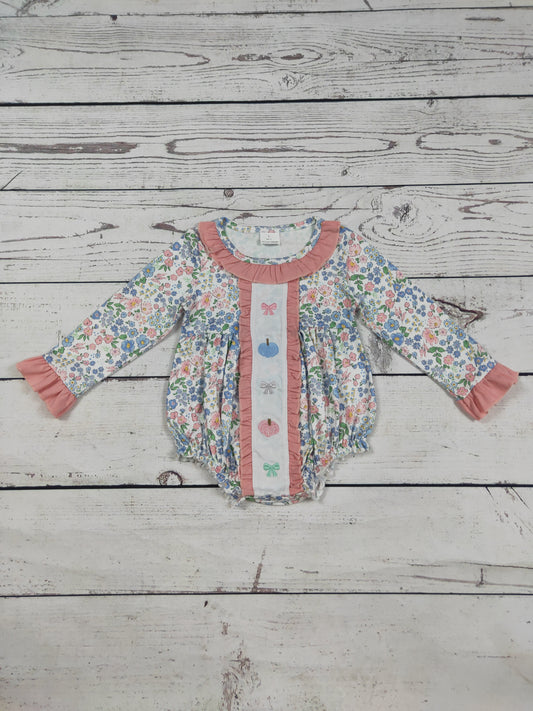 Baby Girl Pumpkin Bow Appliqué Floral Printed Bubble