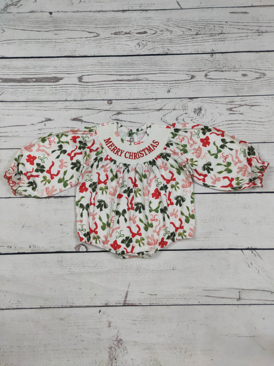 Merry Christmas Smocked Bow Printed Baby Bubble