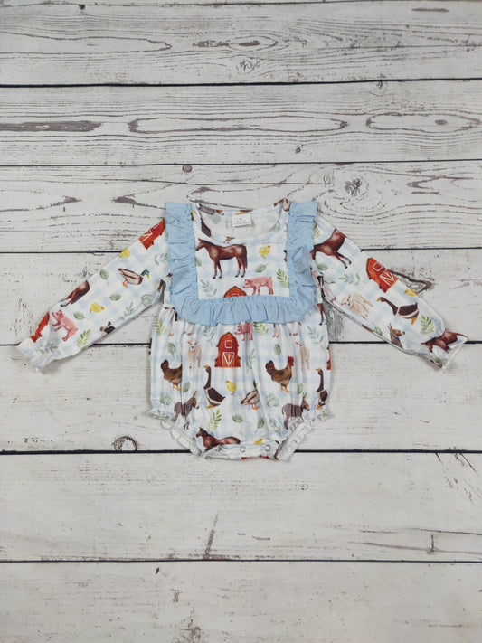 Gingham Printed Farm Baby Girls Bubble