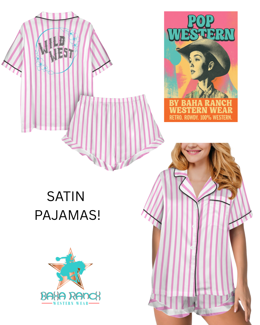 Baha Ranch Retro Pop Western Wild West Pink Pin Stripe Satin Pajamas