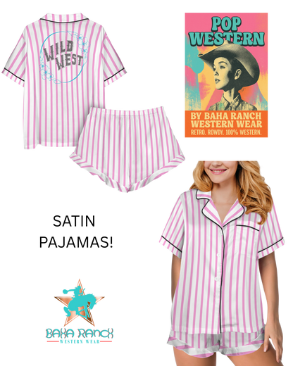 Baha Ranch Retro Pop Western Wild West Pink Pin Stripe Satin Pajamas