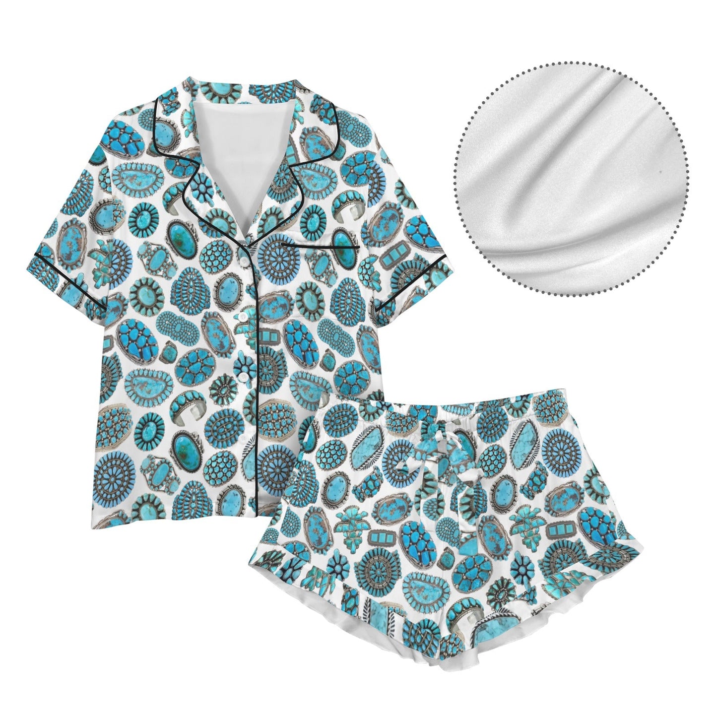 Turquoise Crazy Satin Ruffle Western Pajama Set