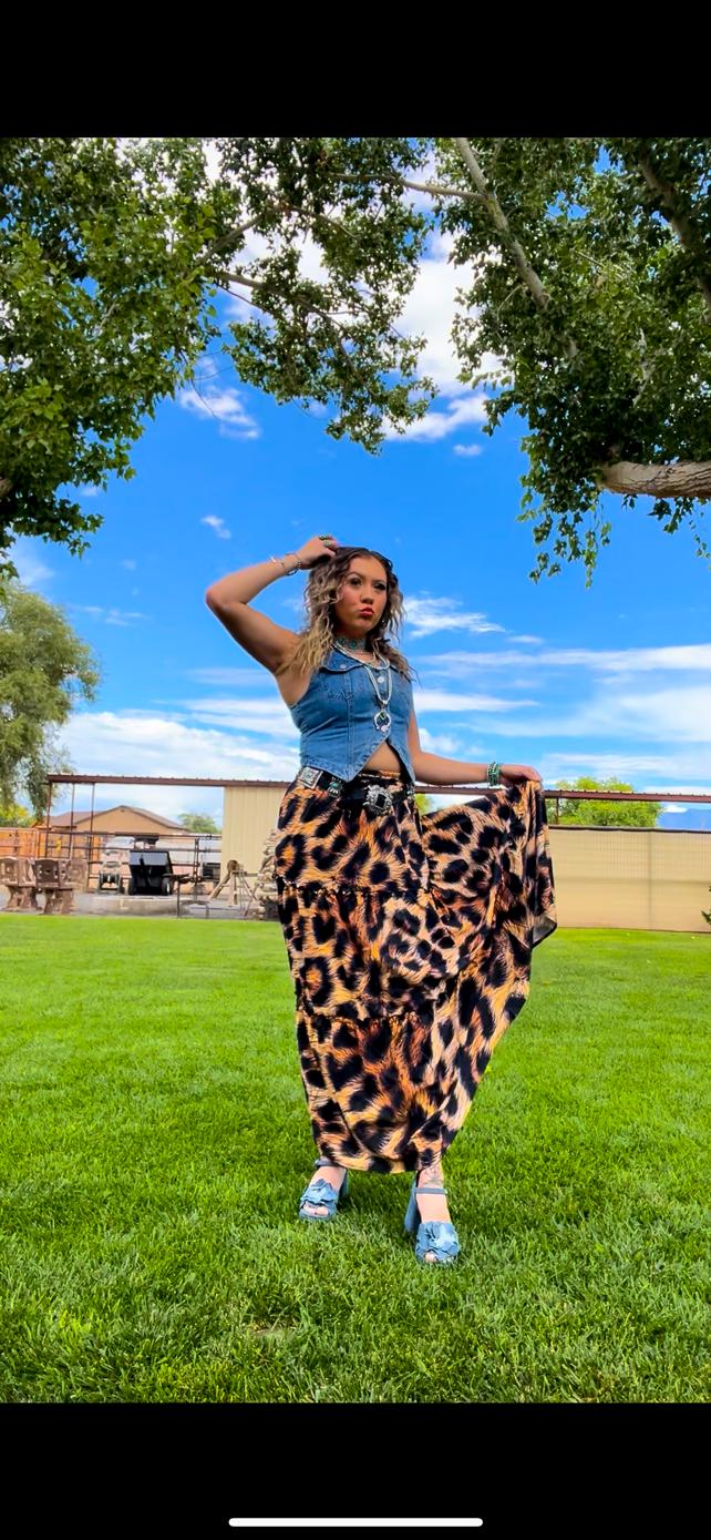 Baha Ranch Retro Pop Western Leopard Print Maxi Prairie Skirt